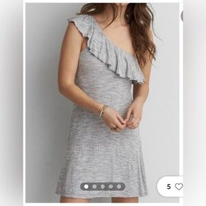 AEO Rib One Shoulder Dress Fit & Flare Dress, Grey, size medium